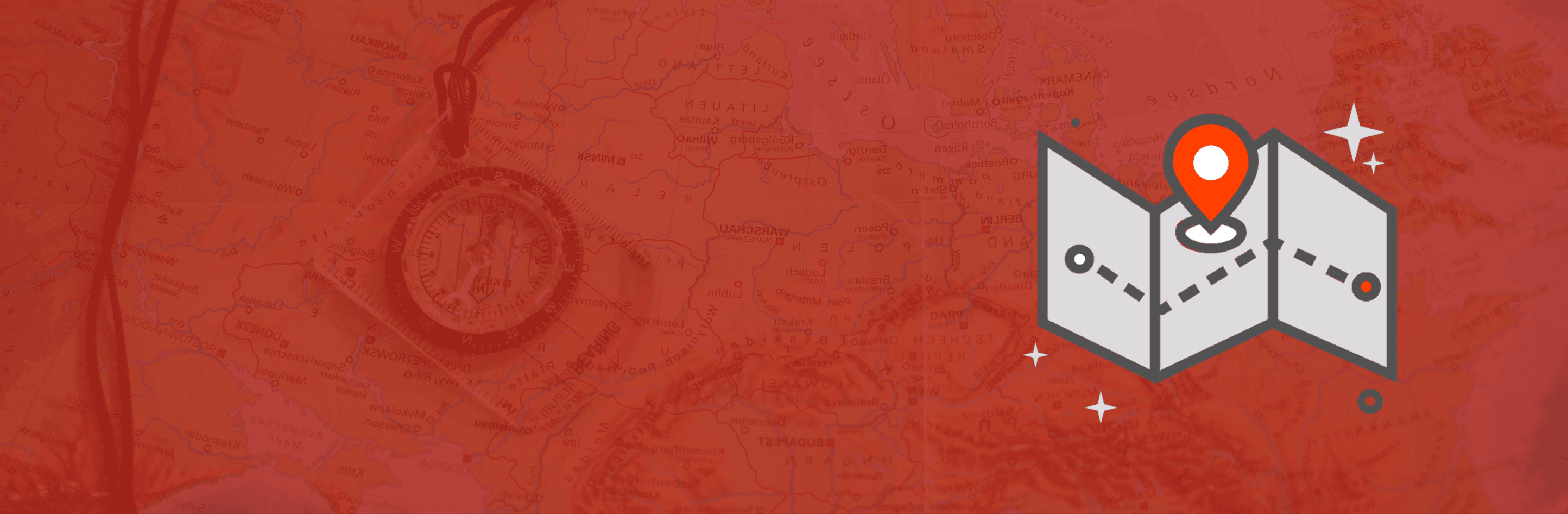 Carte et boussole sur fond rouge avec épingle de destination, pour préciser votre terrain