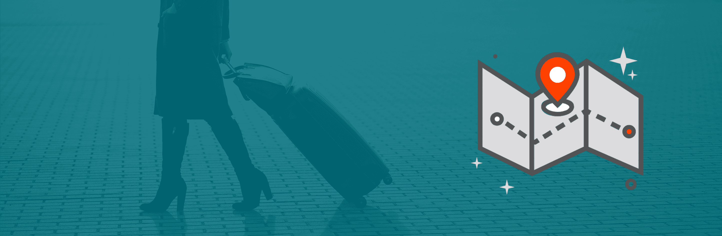 Voyageuse avec sa valise sur fond lagon avec épingle de destination, pour préciser votre envie