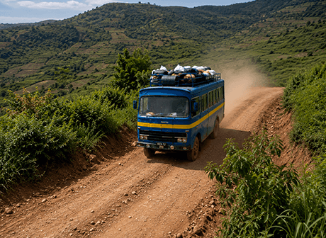 Taxi-brousse bleu et jaune chargé de bagages filant sur une piste de terre à travers les collines