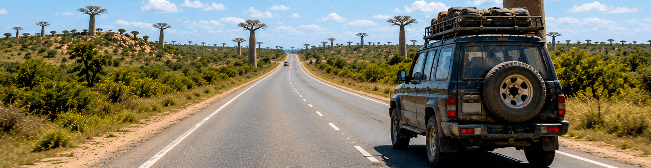 4x4 chargé sur une route bordée de baobabs, plus de confort et de prise en charge