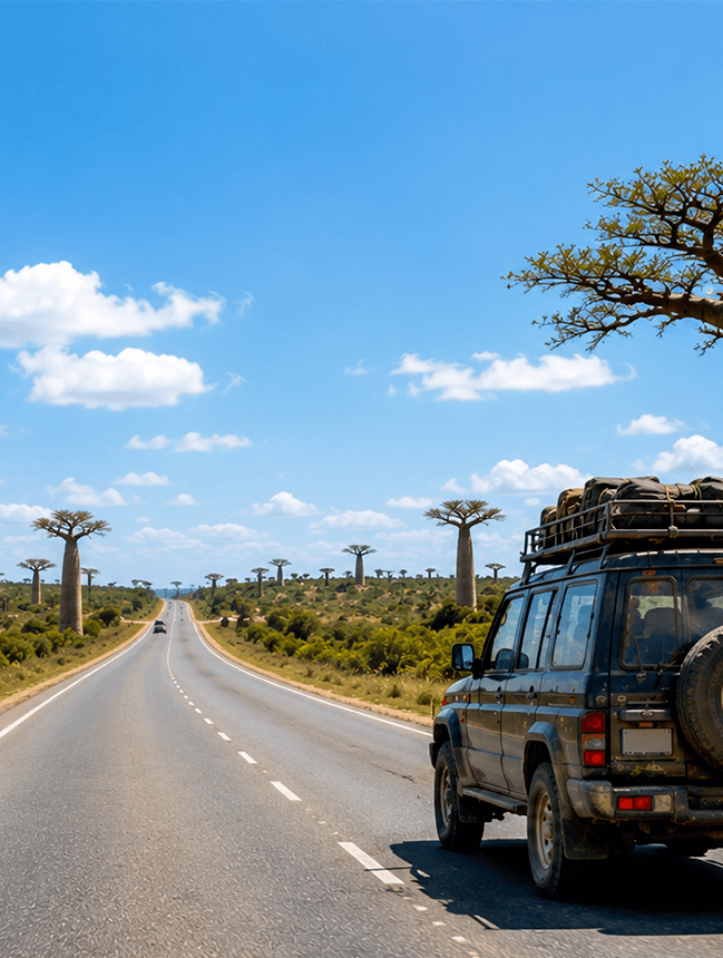 4x4 chargé sur une route bordée de baobabs, plus de confort et de prise en charge