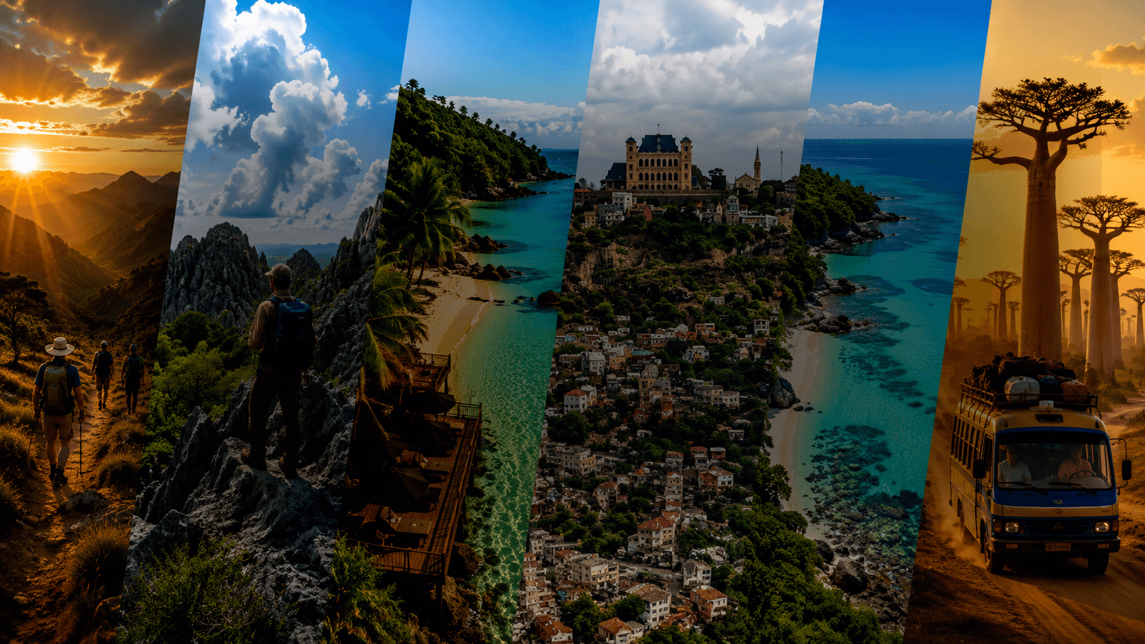 Collage de six paysages de Madagascar : trek au couchant, tsingy, plage turquoise, ville côtière, lagon et taxi-brousse
