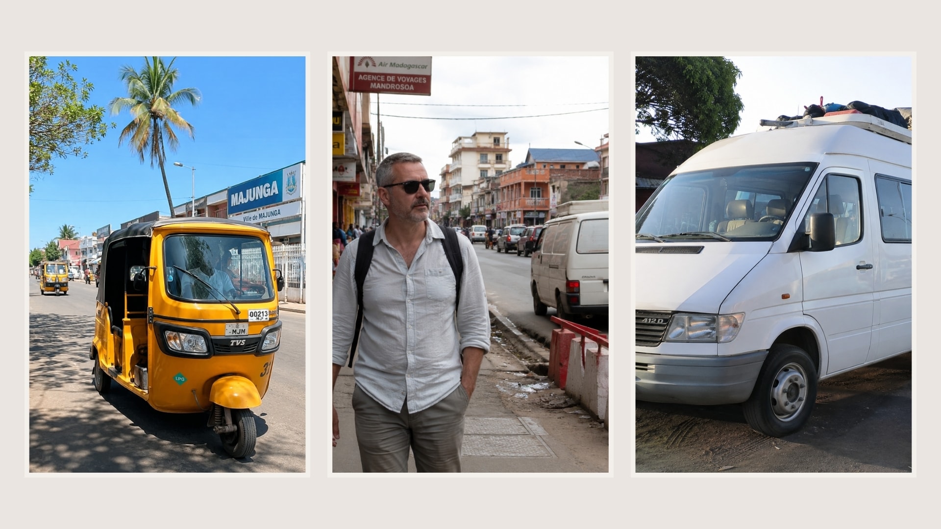 Triptyque roots : tuk-tuk à Majunga, immersion en ville, taxi-brousse chargé