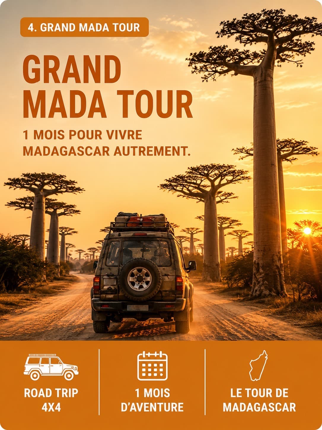 Grand Tour Madagascar : 4x4 chargé traversant l'allée des baobabs dans la lumière dorée