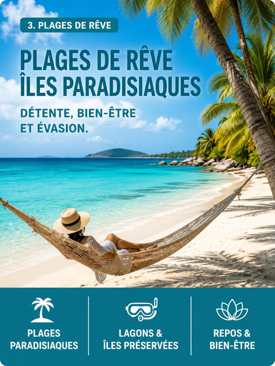 Plages de rêve et îles paradisiaques : hamac au-dessus d'un lagon turquoise bordé de palmiers