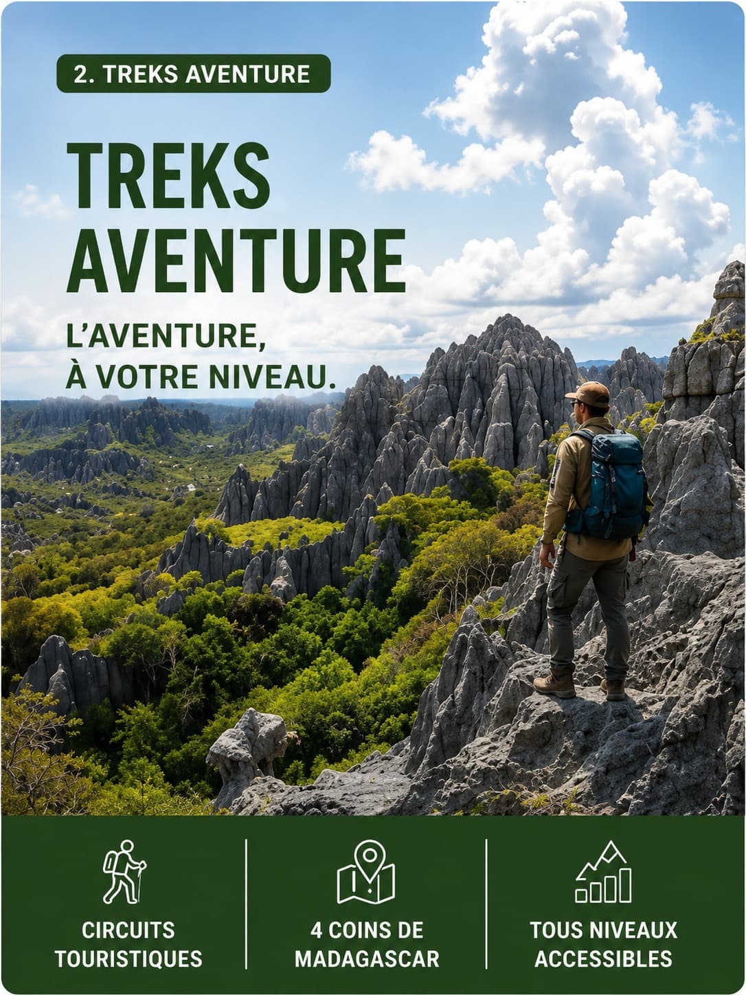 Treks Aventure : randonneur au sommet des tsingy face aux massifs et à la forêt