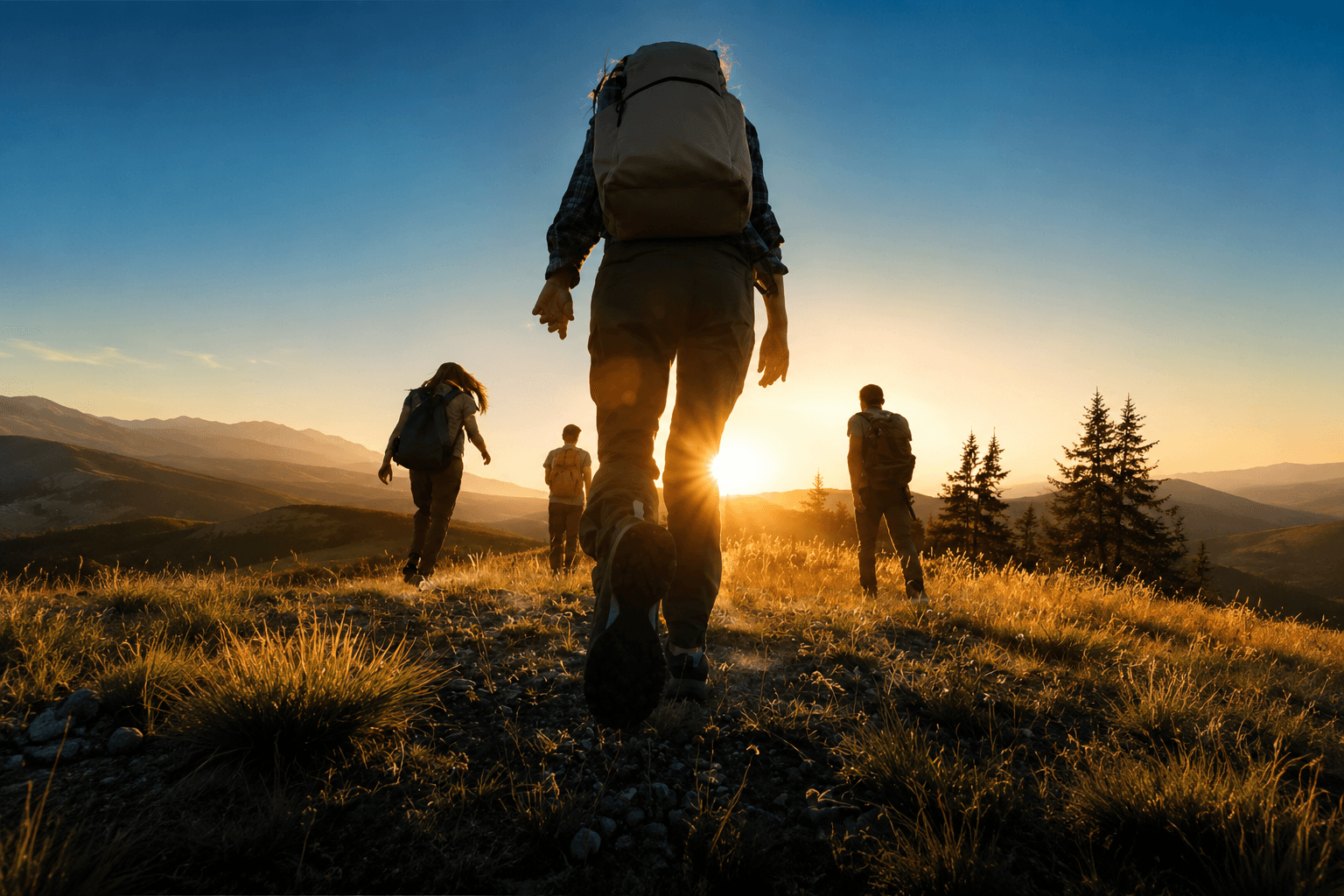 Cordée progressant vers le soleil couchant sur une crête herbeuse