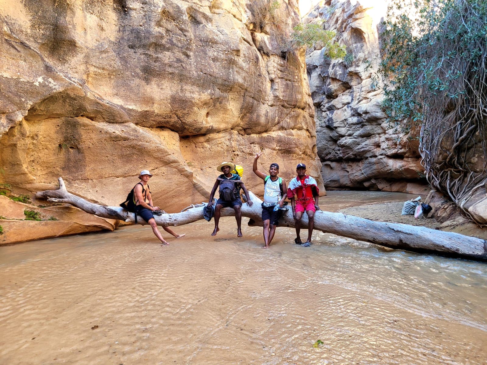 Groupe de randonneurs posés sur un tronc au-dessus d'une rivière de canyon