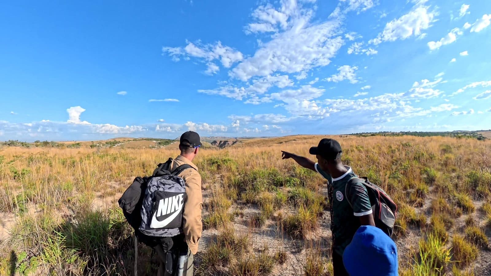 Guide local indiquant la direction dans la savane