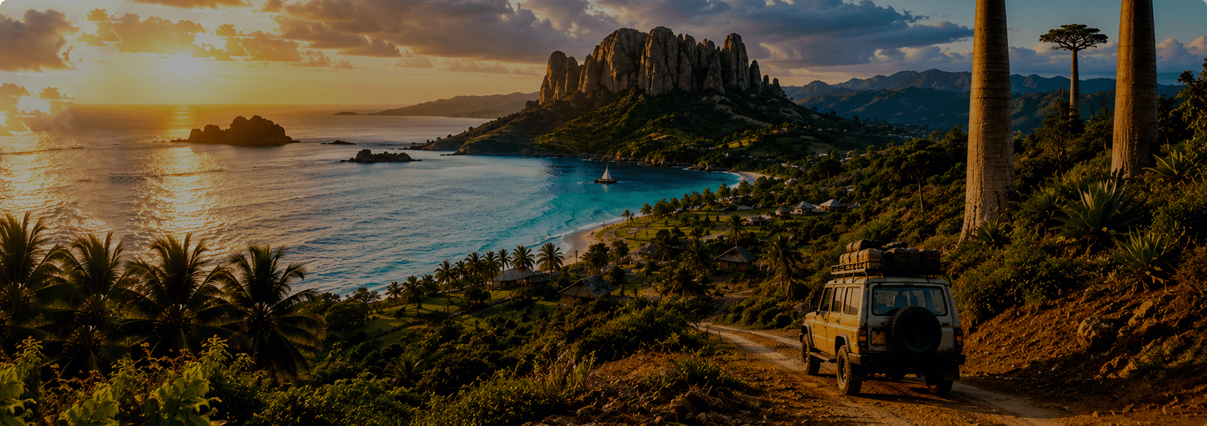 4x4 chargé sur une piste côtière au coucher du soleil, massif rocheux et baie turquoise en arrière-plan