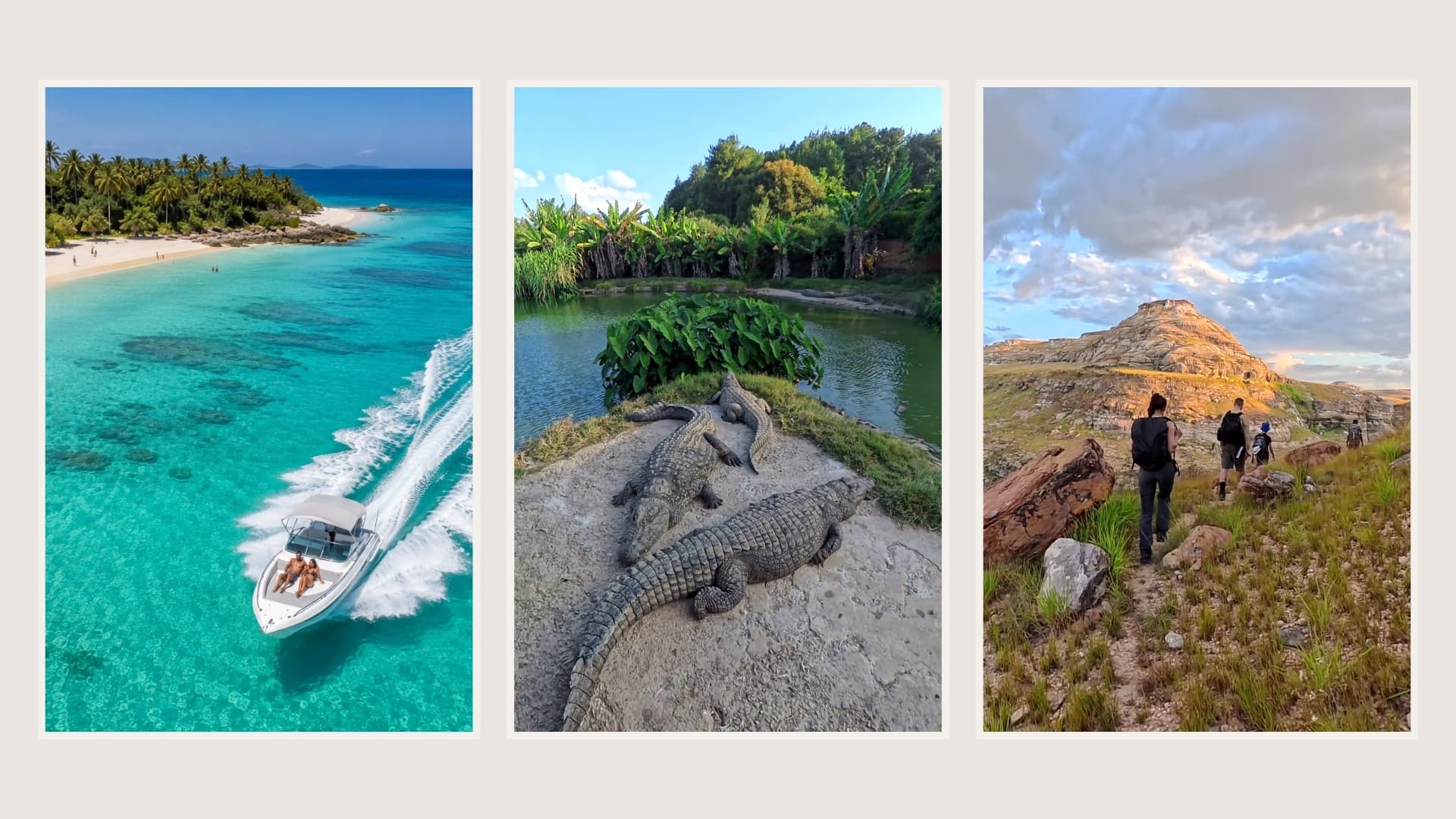 Triptyque des expériences : plage et bateau turquoise, faune insolite, trek vers les massifs