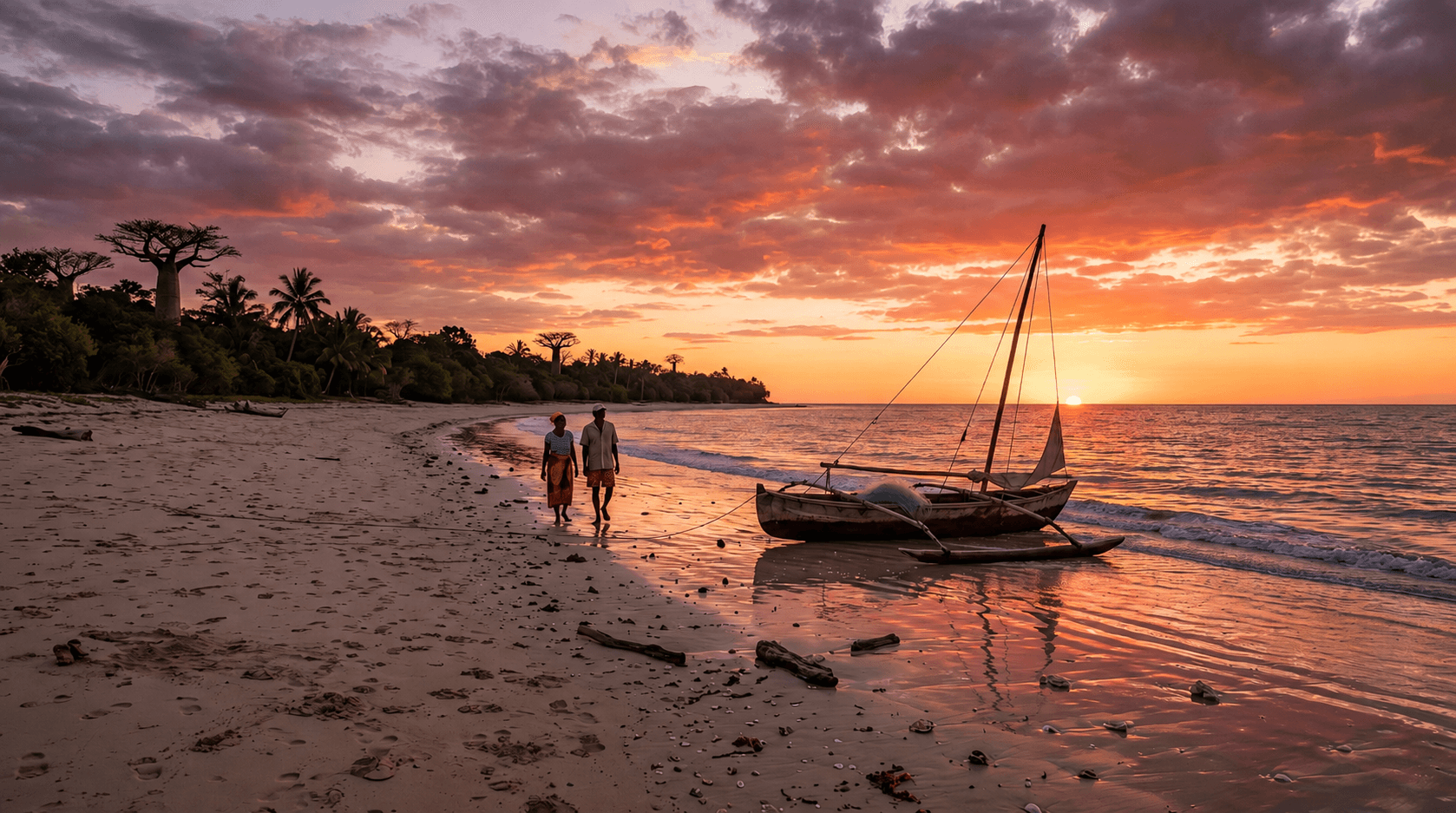 Pirogue à balancier et couple sur la plage au coucher du soleil, baobabs en silhouette