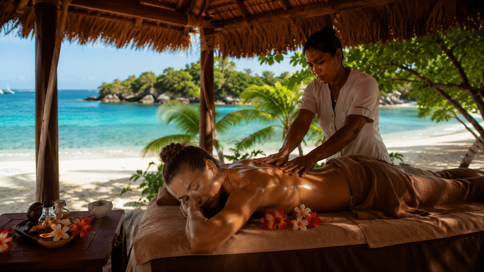 Massage bien-être sous une paillote face au lagon turquoise