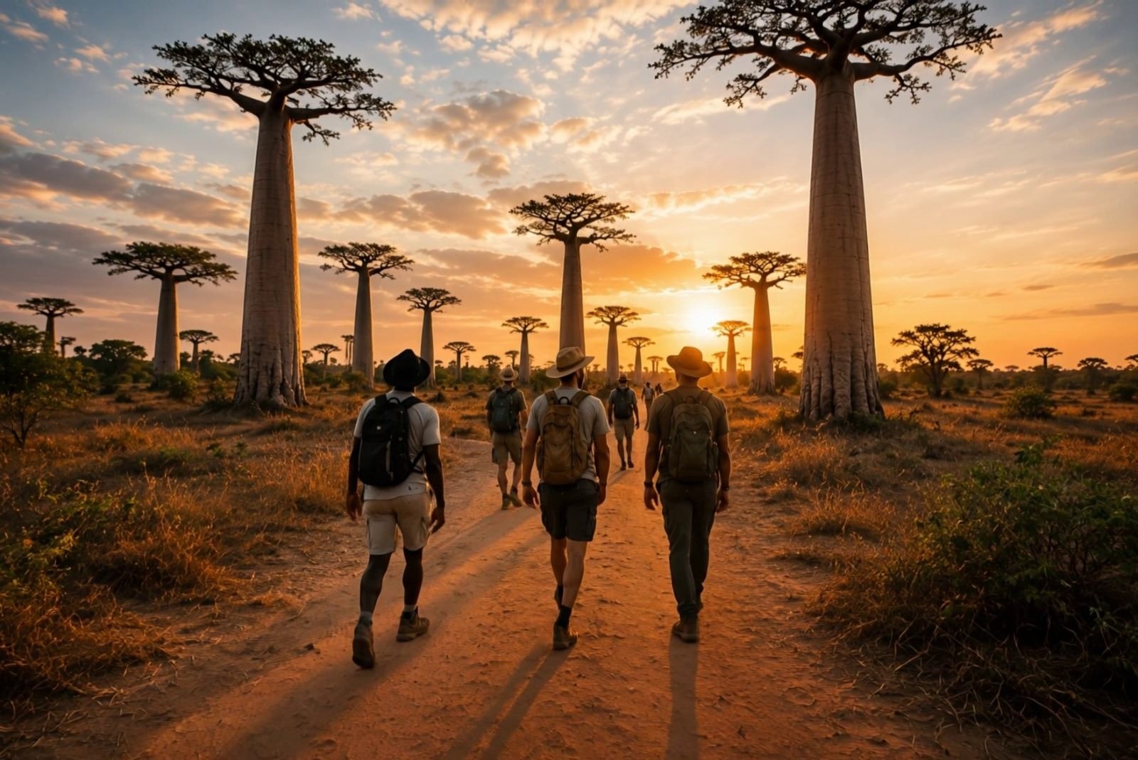 Marcheurs dans l'allée des baobabs sous la lumière du soir