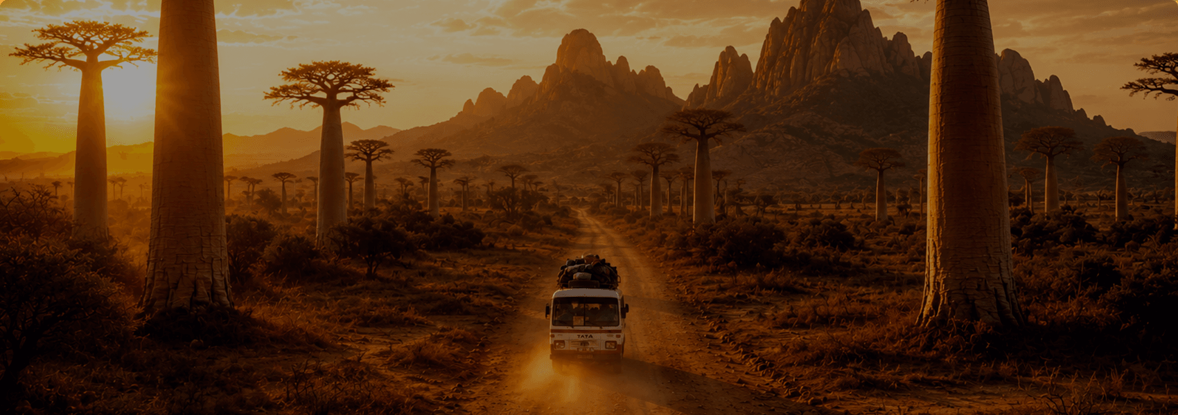 Taxi-brousse chargé filant sur une piste de terre entre les baobabs, montagnes au coucher du soleil